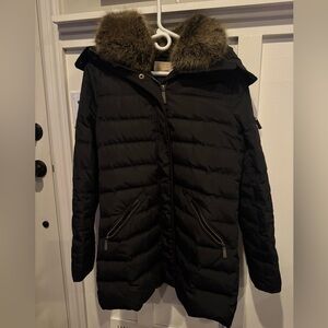 Black Michael Kors coat with hood and removable fur collar.